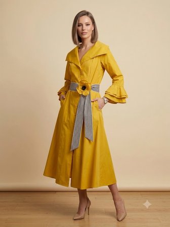 BIZE FASHION Volan Kollu Çiçek Broşlu Sarı Kruvaze Elbise  2161