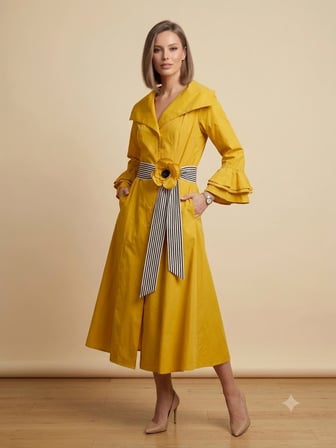 BIZE FASHION Volan Kollu Çiçek Broşlu Sarı Kruvaze Elbise  2161