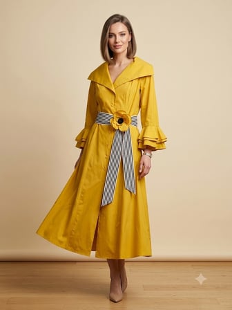 BIZE FASHION Volan Kollu Çiçek Broşlu Sarı Kruvaze Elbise  2161