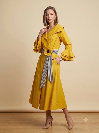 BIZE FASHION Volan Kollu Çiçek Broşlu Sarı Kruvaze Elbise  2161