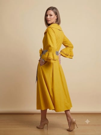 BIZE FASHION Volan Kollu Çiçek Broşlu Sarı Kruvaze Elbise  2161