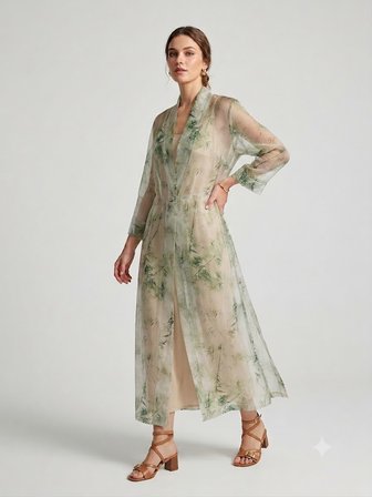BIZE FASHION Bambu Desenli Transparan Tül Kimono Elbise 1124