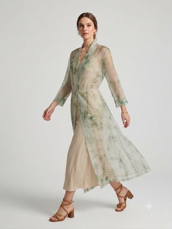 BIZE FASHION Bambu Desenli Transparan Tül Kimono Elbise 1124