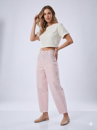 ONİX Yüksek Bel Taş İşlemeli Casual Denim Pantolon T8046
