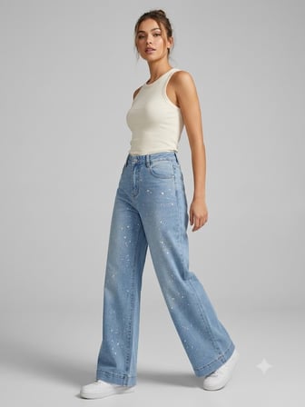 ONİX Işıltılı Sim Baskılı Wide Leg Palazzo Jean Kot Pantolon 731