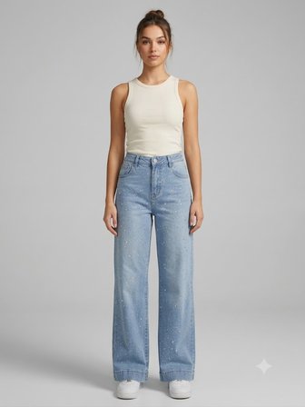 ONİX Işıltılı Sim Baskılı Wide Leg Palazzo Jean Kot Pantolon 731