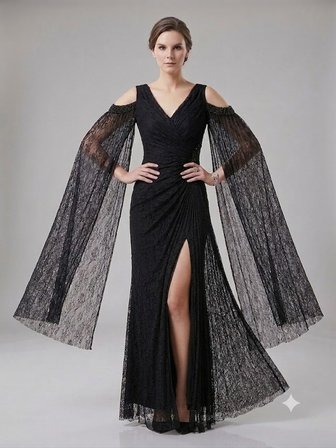FOR COSTUME Kadın Dantel Detaylı Uzun Kollu Yırtmaçlı Abiye Elbise 0837
