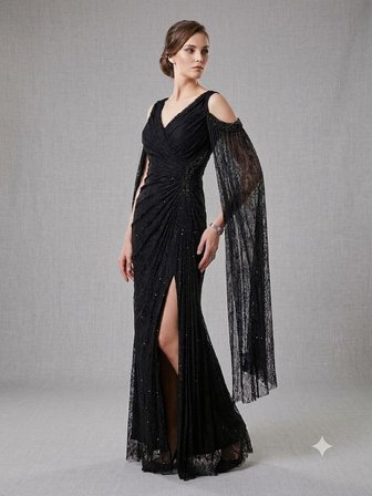 FOR COSTUME Kadın Dantel Detaylı Uzun Kollu Yırtmaçlı Abiye Elbise 0837