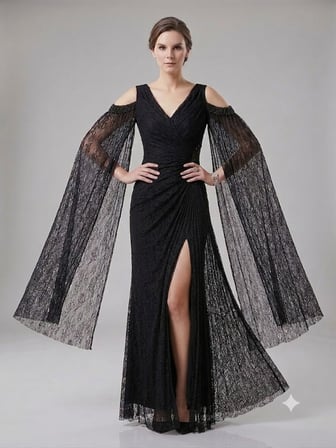 FOR COSTUME Kadın Dantel Detaylı Uzun Kollu Yırtmaçlı Abiye Elbise 0837