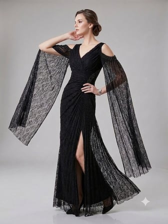 FOR COSTUME Kadın Dantel Detaylı Uzun Kollu Yırtmaçlı Abiye Elbise 0837
