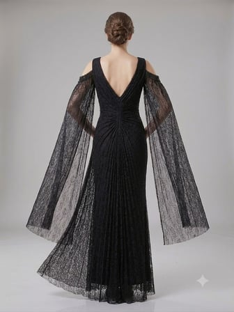 FOR COSTUME Kadın Dantel Detaylı Uzun Kollu Yırtmaçlı Abiye Elbise 0837
