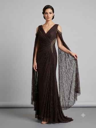 FOR COSTUME Kadın Dantel Detaylı Pelerin Kollu Uzun Abiye Elbise 10422