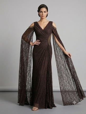 FOR COSTUME Kadın Dantel Detaylı Pelerin Kollu Uzun Abiye Elbise 10422