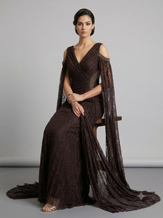 FOR COSTUME Kadın Dantel Detaylı Pelerin Kollu Uzun Abiye Elbise 10422