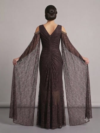 FOR COSTUME Kadın Dantel Detaylı Pelerin Kollu Uzun Abiye Elbise 10422