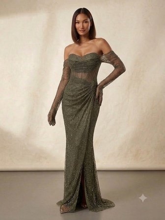 FOR COSTUME Düşük Omuz Kalp Yaka Transparan Korseli Eldiven Detaylı Abiye Elbise 10344