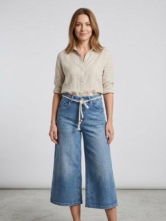 ASSO Yüksek Bel Hasır İp Kemerli Bol Paça Culotte Denim Kapri Pantolon 98869