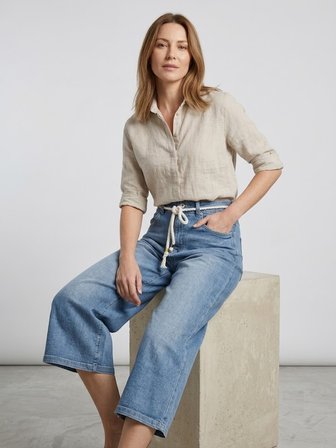 ASSO Yüksek Bel Hasır İp Kemerli Bol Paça Culotte Denim Kapri Pantolon 98869