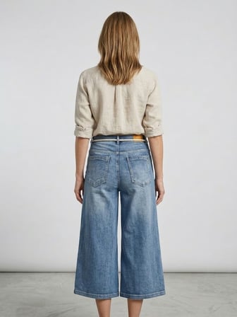 ASSO Yüksek Bel Hasır İp Kemerli Bol Paça Culotte Denim Kapri Pantolon 98869