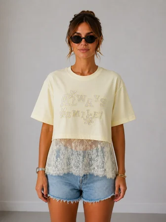 IT'S BASIC Dantel Detaylı Crop Tişört 2161