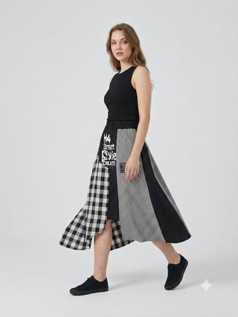 H4 Asimetrik Kesim Kareli Patchwork Etek Yazılı Baskılı Beli Lastikli Sokak Stili Midi Etek 6268
