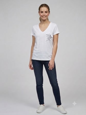 ON TRİKO Kadın V Yaka Cep Detaylı Baskılı T-Shirt 71479