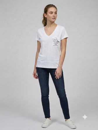 ON TRİKO Kadın V Yaka Cep Detaylı Baskılı T-Shirt 71479