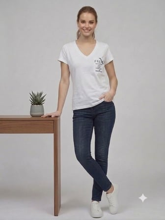 ON TRİKO Kadın V Yaka Cep Detaylı Baskılı T-Shirt 71479