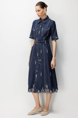 MODAİLGİ Kısa Kol Nakışlı Denim Beli Kemerli Elbise Lacivert 60130