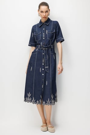 MODAİLGİ Kısa Kol Nakışlı Denim Beli Kemerli Elbise Lacivert 60130