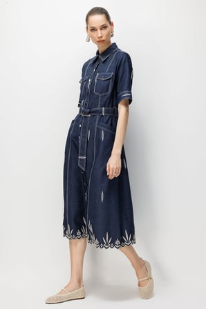 MODAİLGİ Kısa Kol Nakışlı Denim Beli Kemerli Elbise Lacivert 60130