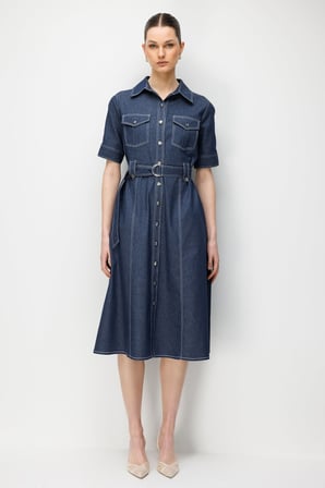 MODAİLGİ Beli Kemer Kuşaklı Kısa Kol Cep Detaylı Midi Boy Denim Elbise Lacivert 60132