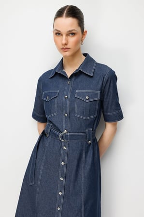 MODAİLGİ Beli Kemer Kuşaklı Kısa Kol Cep Detaylı Midi Boy Denim Elbise Lacivert 60132