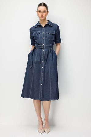 MODAİLGİ Beli Kemer Kuşaklı Kısa Kol Cep Detaylı Midi Boy Denim Elbise Lacivert 60132