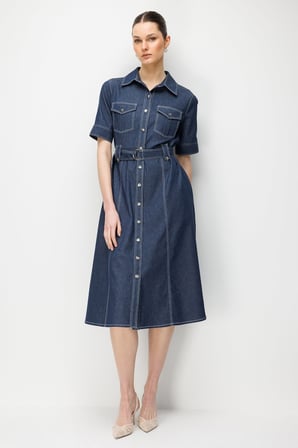 MODAİLGİ Beli Kemer Kuşaklı Kısa Kol Cep Detaylı Midi Boy Denim Elbise Lacivert 60132