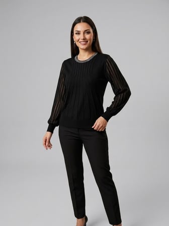 ON TRİKO Taş Detaylı Yaka Tül Kollu Bluz 10564