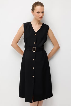 EKOL Beli Kemerli V Yaka Maxi Elbise 5905