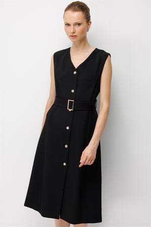 EKOL Beli Kemerli V Yaka Maxi Elbise 5905