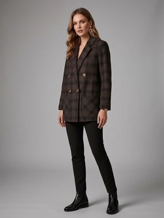 EKOL Ekose Astarsız Kruvaze Blazer Ceket 4055