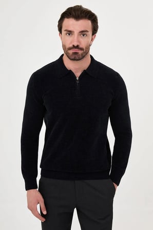 CENTİLMEN Düz Slim Fit Polo Yaka Fermuarlı Şönil Erkek Triko Kazak 11603