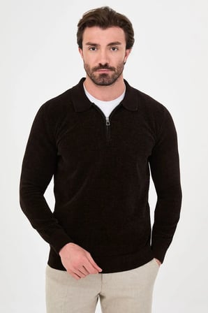CENTİLMEN Düz Slim Fit Polo Yaka Fermuarlı Şönil Erkek Triko Kazak 11603