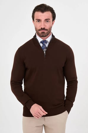 CENTİLMEN Düz Slim Fit Dik Yaka Fermuarlı Pamuk Erkek Triko Kazak 11607
