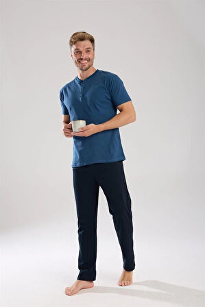 Giyim Erkek İndigo Düğmeli Yaka Kısa Kol Pijama Takımı