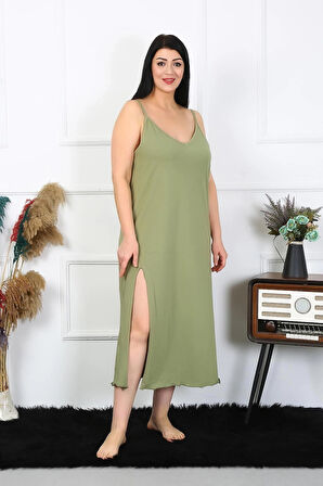 Giyim Kadın Büyük Beden İp Askılı Pamuklu Haki Uzun Gecelik