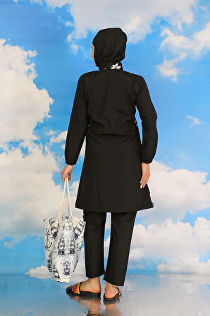 Giyim Kadın Pantolonlu Desenli Tam Tesettür Mayo Siyah