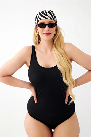 Giyim Kadın Siyah Büyük Beden Düz Tek Parça Mayo