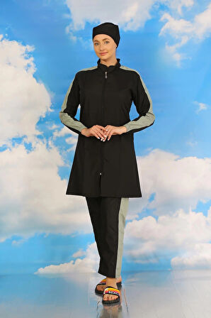 Giyim Kadın Pantolonlu Kolu Şeritli Tam Tesettür Mayo Siyah