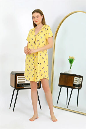 Giyim Kadın Pamuk Penye Kısa Kol Düğmeli Sarı Tunik Gecelik