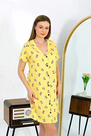 Giyim Kadın Pamuk Penye Kısa Kol Düğmeli Sarı Tunik Gecelik