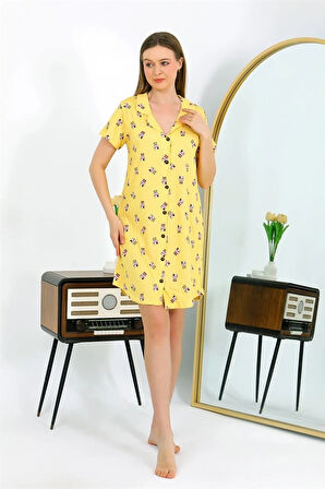 Giyim Kadın Pamuk Penye Kısa Kol Düğmeli Sarı Tunik Gecelik